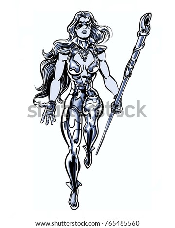 Comic book illustrated cosmic powered silver woman with power staff