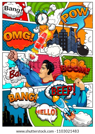 Comic book page divided by lines with speech bubbles, rocket, superhero and sounds effect. Retro background mock-up. Comics template. Illustration