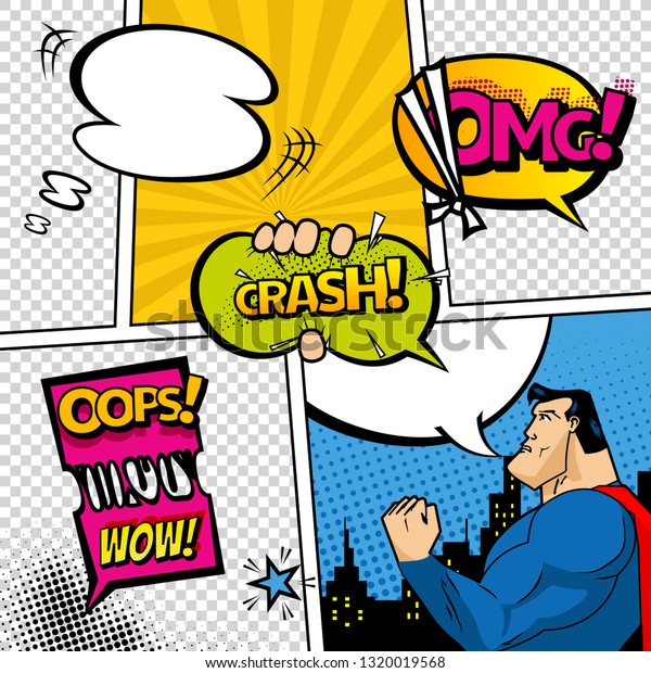 Comic book page divided by lines with\
speech bubbles, superhero and sounds effect. Retro background\
mock-up. Comics template. \
illustration.
