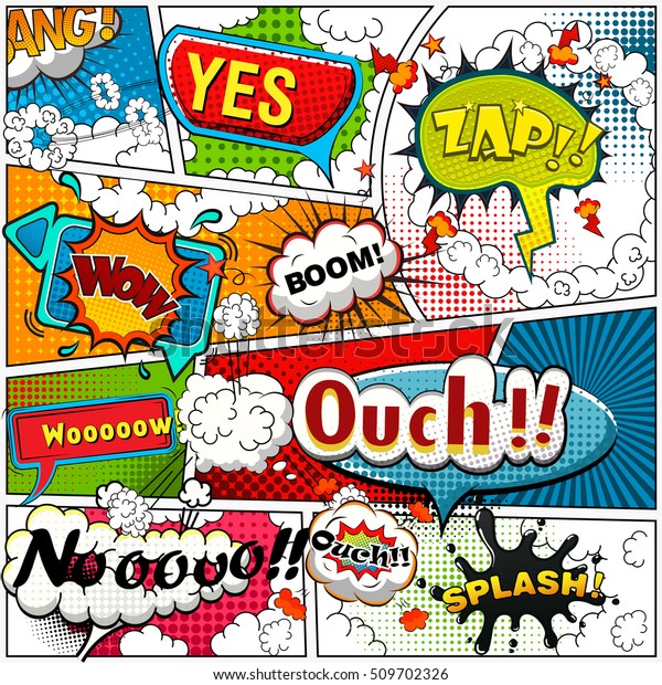 Comic book page divided by lines\
with speech bubbles, sounds effect. Retro background mock-up.\
Comics\
template.Illustration