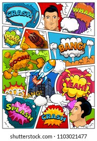 Comic Book Page Layout Divided By Lines With Speech Bubbles, City, Rocket, Superhero And Sounds Effect. Retro Background Mock-up. Illustration