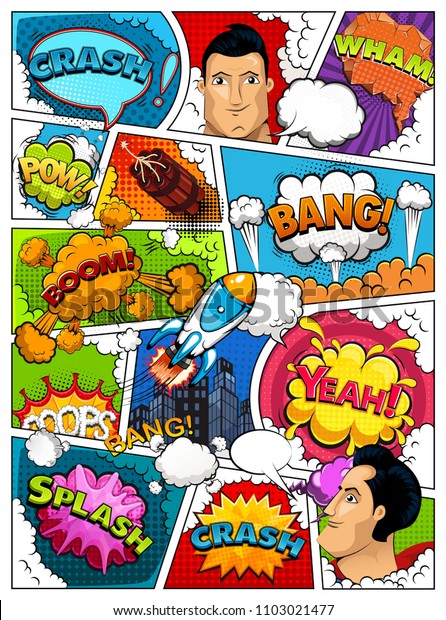 Comic book page layout divided by lines with\
speech bubbles, city, rocket, superhero and sounds effect. Retro\
background mock-up.\
Illustration