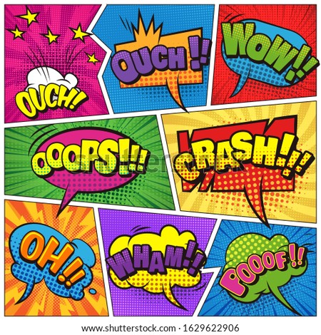 Comic book page light template with colorful speech bubbles bright inscriptions stars different humor effects illustration