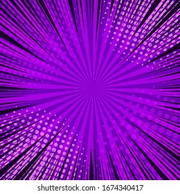 Comic Book Page Purple Concept With Black Rays And Different Halftone Effects On Radial Background