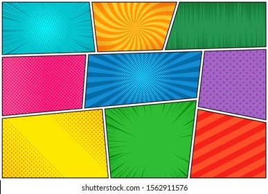 Comic Book Page Template Of Colorful Frames Divided By Lines With Rays Radial Halftone And Dotted Effects