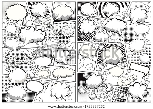 Comic book page template divided by\
lines with speech bubbles black and white.\
Illustration.