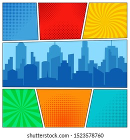 Comic Book Page Template With Radial Backgrounds Halftone Effects And City Silhouette