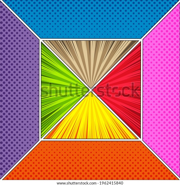 Comic book page template with\
square composition of colorful backgrounds and different humor\
effects