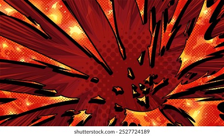Comic book style background with flame impacts flying from the bottom right_16:9