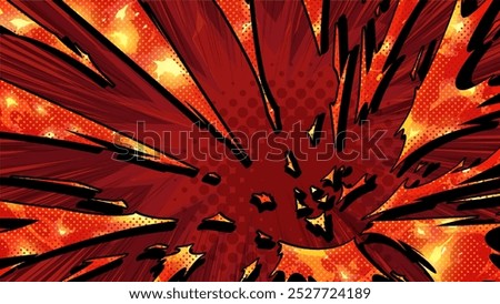 Comic book style background with flame impacts flying from the bottom right_16:9