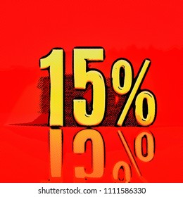  Comic Book Text Retro Style, Pop Art Style Percent Comic Label, Store Clearance Sign, 15 Percent Off and Red Discount Sale Poster