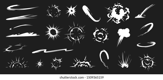 Comic Energy Explosion. Cartoon Flame Smoke Cloud, Speed Hit Vfx Effect And Promo Flash Blast. Smoking Fog Cloud, Comic Explosive Puffs Or Swirl Wind.  Illustration Isolated Symbols Set