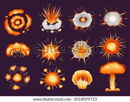 Comic explosion. Bomb detonation, fire burst explosive effects with smoke, nuclear mushroom cloud. Cartoon blast explosions effect  set. Energy blast, powerful dynamite shot, flame