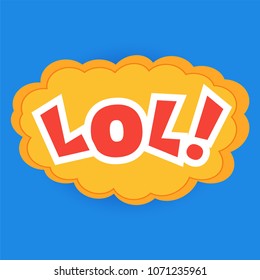 Comic explosion cloud isolated on a blue background. Speech phrase LOL. Caricature sound effect. Raster copy.