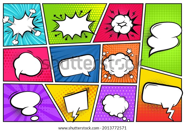 Comic frames with\
speech bubbles. Talk balloons with pop art backdrop in frames.\
Superhero explosion magazine texture. Retro  templates with empty\
or blank dialog clouds for\
text