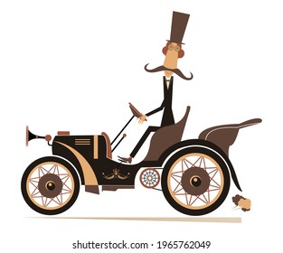 Comic Man In The Top Hat Drives A Retro Car Illustration. 
Long Mustache Gentleman In The Top Hat Drives A Retro Car Isolated On White
