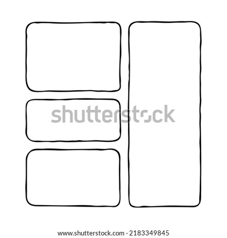 Comic page composition for backdrop layout. Black line graphic hand drawn illustration. Information box space for text, pictures, design. Decorative element borders vintage style hand drawing.
