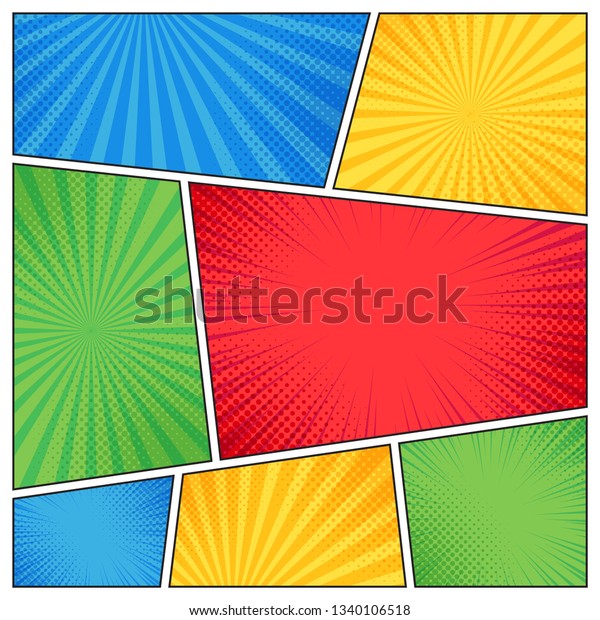 Comic page frame.\
Funny superhero comics book empty pages with radial lines or\
stripes background, strip funny different pop page composition\
dialog banner \
template