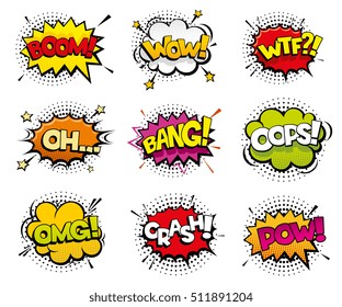 Comic Sound Effects In Pop Art Style. Sound Bubble Speech With Word And Comic Cartoon Expression Sounds Illustration