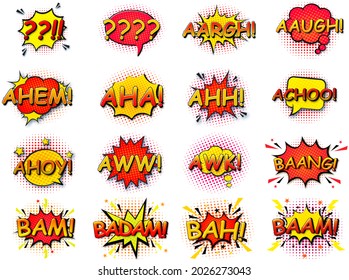 Comic speech bubbles set with different emotions and text  aargh, aaugh, ahem, ahh, achoo, ahoy, aww, awk, baang, bam, badam, bah, baam isolated on white background high resolution 