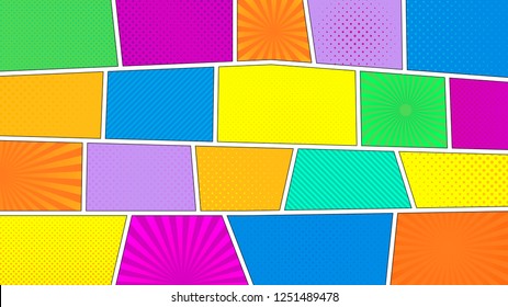 Comic Strip Background With 16 9 Aspect Ratio. Different Colorful Panels. Rays, Lines, Dots. 