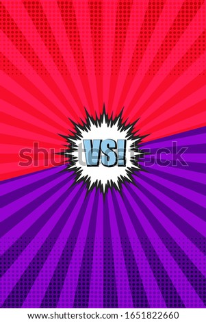 Comic versus and confrontation vertical background with two opposite sides speech bubble radial and halftone effects in red and purple colors