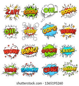 Comic Words. Cartoon Boom Crash Speech Bubble Funny Elements And Kids Sketch Stickers Set