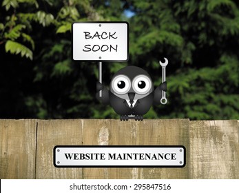 Comical bird website maintenance and back soon sign perched on a timber garden fence against a foliage background                               