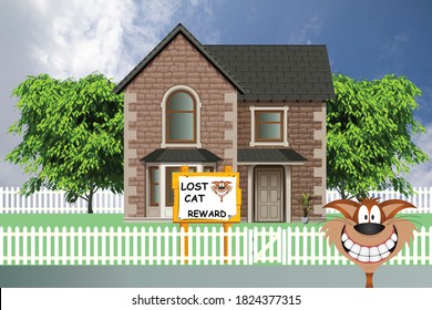 Comical detached residential property on a suburb street with poster for lost cat set against a blue cloudy sky - Powered by Shutterstock