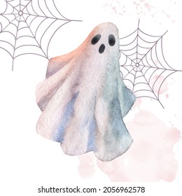 Comical Halloween ghost watercolour and web as holiday illustration  Halloween design  Hand drawn style  Cute little ghost blobs   spider web background 