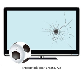 Comical Indoor Football And Broken Television Screen Isolated On White Background