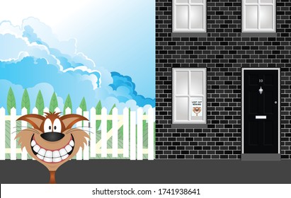 Comical residential house with lost cat poster in window with missing mischievous Moggie smiling in foreground - Powered by Shutterstock