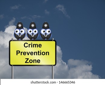 Comical UK Crime Prevention Zone Sign Against A Cloudy Blue Sky