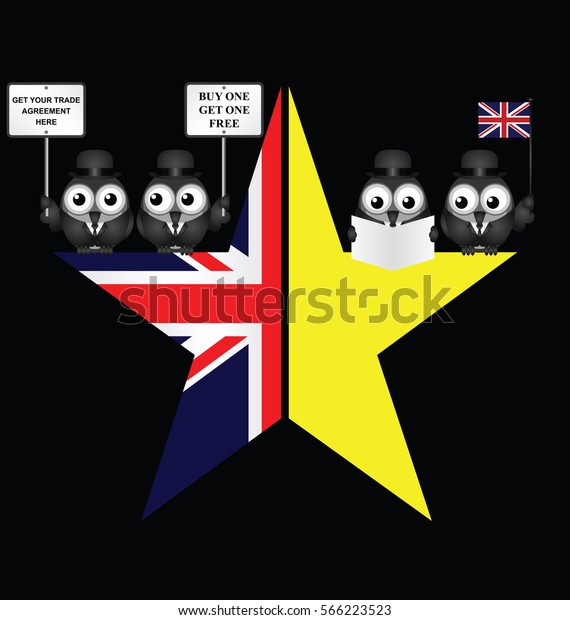 Comical UK and\
EU split star representing the United Kingdom exit from the\
European Union resulting from the June 2016 referendum with trade\
negotiators isolated on black\
background