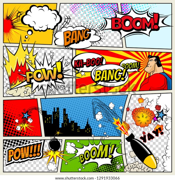コミックテンプレート レトロな漫画本の吹き出しイラスト テキスト 音声バブル シンボル 色付きハーフトーン背景 スーパーヒーロー用のコミックブックページのモックアップ のイラスト素材