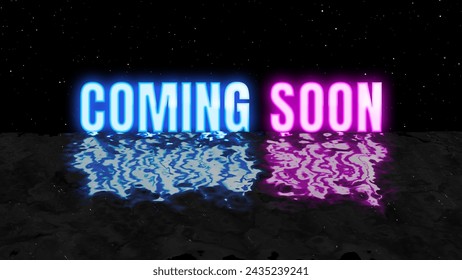 Coming Soon 80s retro neon glow cyberpunk color video text outro isolated on ocean wave and stars burst particle black background. 4k Coming Soon end screen artwork illustration. - Powered by Shutterstock