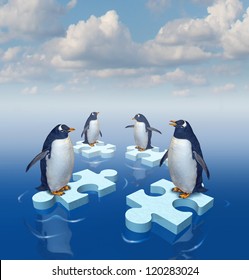 Coming Together With Common Purpose To Assemble A Team Partnership To Form A Strong Group With Four Penguins Merging Floating Chunks Of Ice In The Shape Of Puzzle Pieces As Insurance..