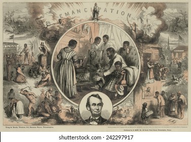 Commemoration of the emancipation of Southern slaves and the end of the Civil War, showing contrast between slavery and the life of freedmen. Print by Thomas Nast. 1865.