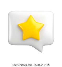 Comment message bubble review icon isolated. Cartoon yellow star concept of rate or feedback. 3d rendering.