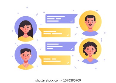 Comments with avatar icons of man and woman illustration. People communication with computer or phone via messenger app. Male and female chat with sms in flat style design