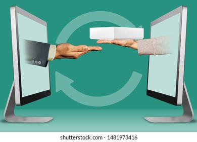 commerce concept, hands from computers. pleading gesture and hand with white tablet computer box . 3d illustration