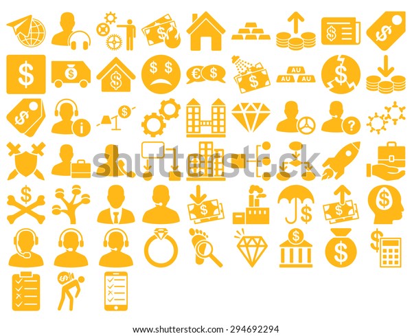 Commerce Icon Set. These\
flat icons use yellow color. Glyph images are isolated on a white\
background. 