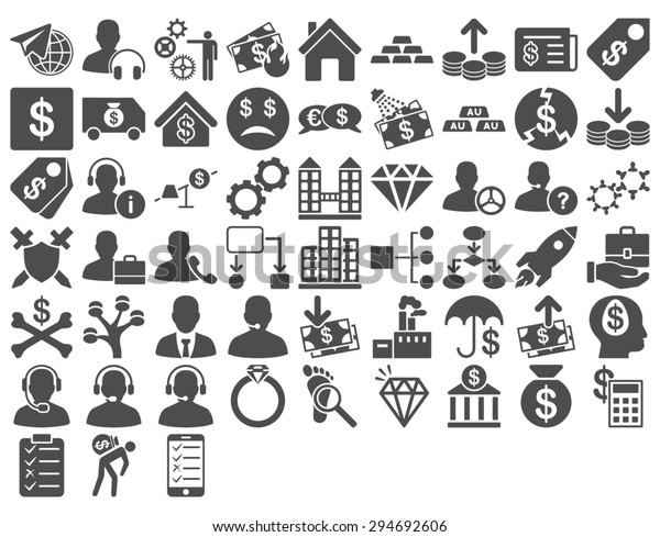 Commerce Icon Set. These\
flat icons use gray color. Glyph images are isolated on a white\
background. 