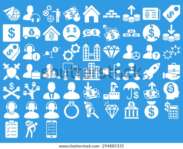 Commerce Icon Set. These\
flat icons use white color. Glyph images are isolated on a blue\
background. 