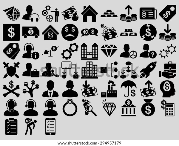 Commerce Icon Set.\
These flat icons use black color. Glyph images are isolated on a\
light gray background.\
