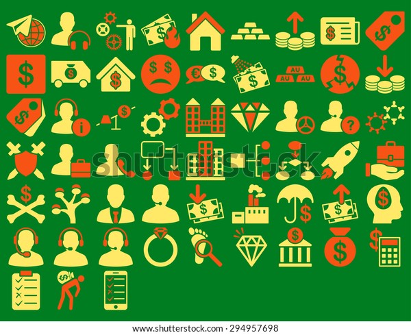 Commerce Icon Set. These flat bicolor icons use orange\
and yellow colors. Glyph images are isolated on a green background.\
