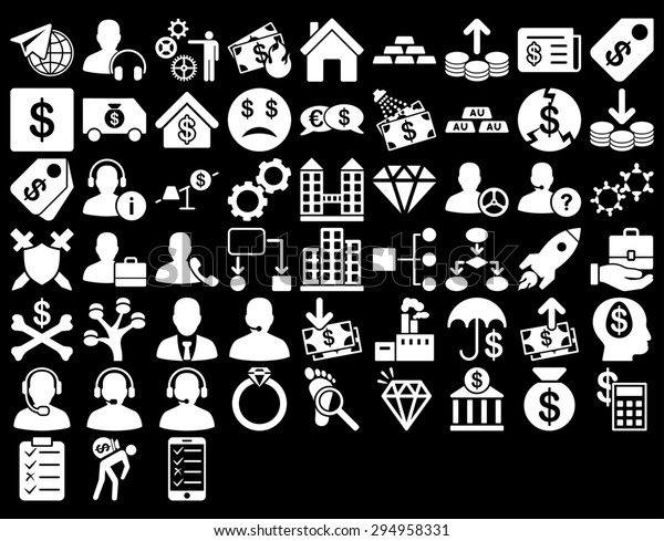 Commerce Icon Set. These\
flat icons use white color. Glyph images are isolated on a black\
background. 