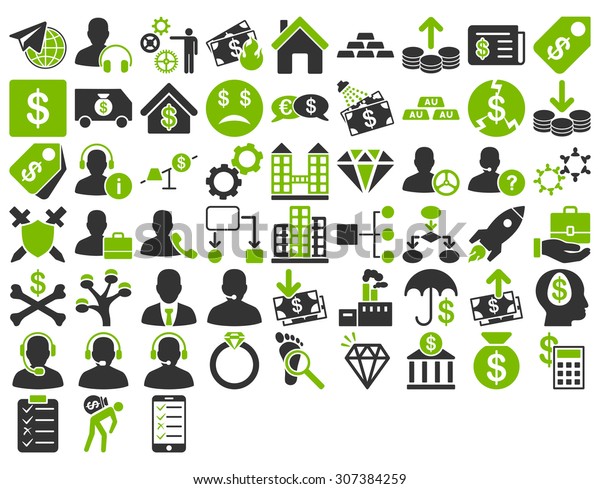 Commerce Icon Set. These flat bicolor icons use eco\
green and gray colors. Glyph images are isolated on a white\
background. 