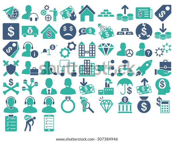 Commerce Icon Set. These flat bicolor icons use cobalt\
and cyan colors. Glyph images are isolated on a white background.\
