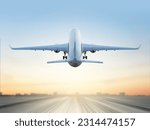 Commercial aircraft above runway on evening sky background with beautiful sunset. Back view. 3d render.